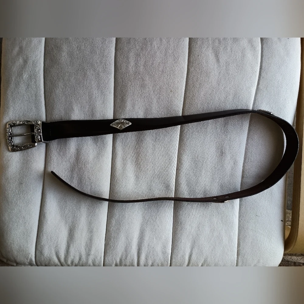 Vintage The Ritz Silver Buckle Brown Leather Belt_ Large